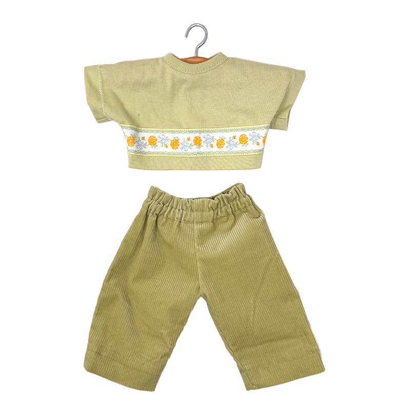 Pantaloni verdi in velluto e maglietta verde con stampa a fiori con taschina - per bambole